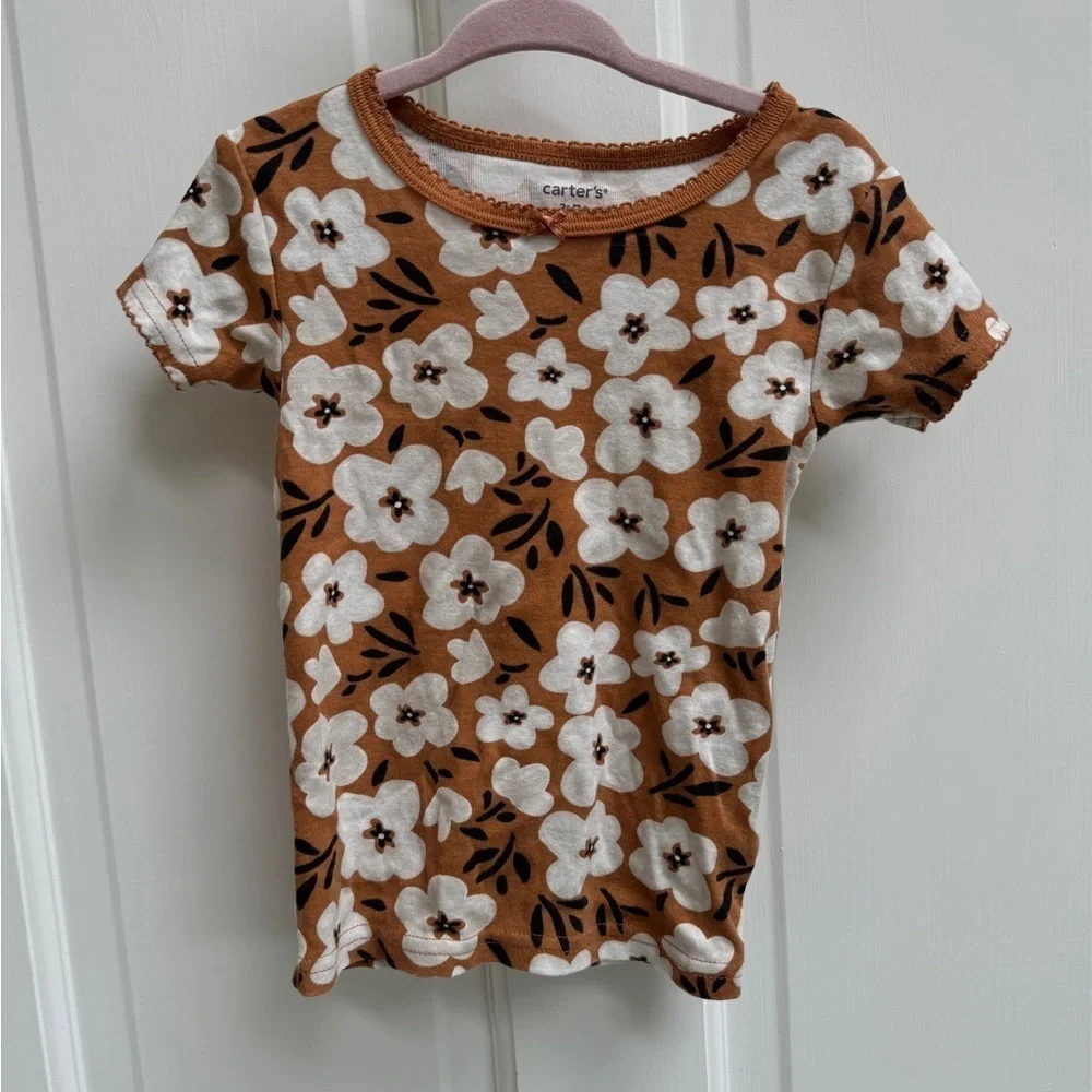 Carter's 3T Girls Brown and White Floral Short Sleeve Tee Pajama Top